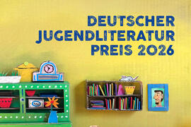 Illustration einer jungen Person, die in einem bunt eingerichteten Raum unter einem Tisch sitzend in Büchern schmökert.