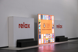 Seating area with graphic wall