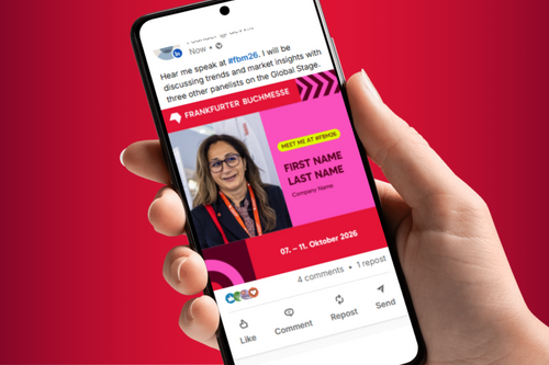 Grafik mit Portrait Foto und Ankündigung der Teilnahme an der Frankfurter Buchmesse