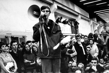Frank Wolff (with the megaphone), 2nd president of the Socialist German Students' Union (SDS), during an anti-Springer demonstration at Frankfurter Buchmesse 1967