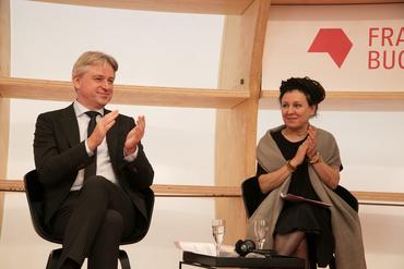 Opening Press Conference 2019 Buchmesse Director Juergen Boos with Olga Tokarczuk Nobel Laureate in Literature Opening Press Conference 2019 Buchmesse Director Juergen Boos with Olga Tokarczuk Nobel Laureate in Literature