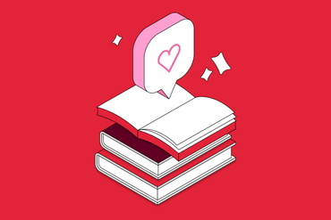 Illustration eines Bücherstapels über dem ein Herz schwebt.