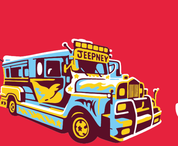 Illustration eines philippinischen Jeepney und dem Schriftzug "Jeepney Journey".