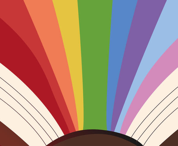 Illustration eines aufgeschlagenen Buches, aus dem bunte Seiten hevortreten.