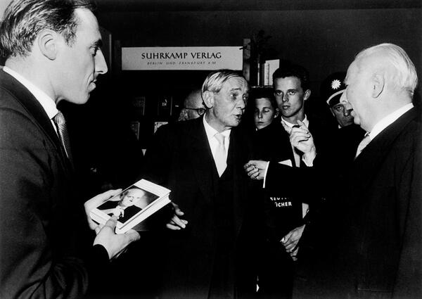 Publishers Siegfried Unseld (left) and Peter Suhrkamp (centre) with Theodor Heuss (right)