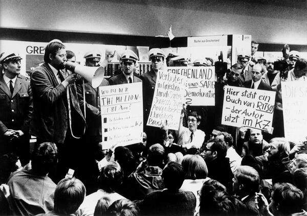 Protest against the Greek military dictatorship at the stand “Books from Greece”