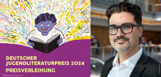 Logo Deutscher Jugendliteraturpreis und Prof. Dr. Jan Standke, Vorsitzender des AKJ