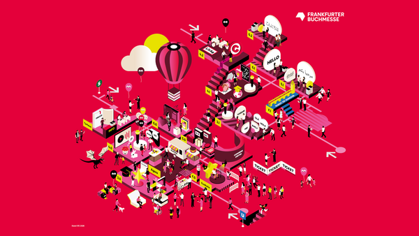 Illustration des Messegeländes der Frankfurter Buchmesse mit Hallenebenen und Besucher*innen.