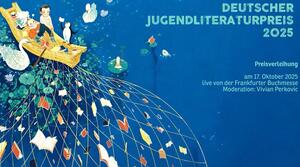 Illustration des Deutschen Jugendliteraturpreises 2025 - Zwei Kinder auf einem Boot, die in ihrem Netz Bücher gefischt haben