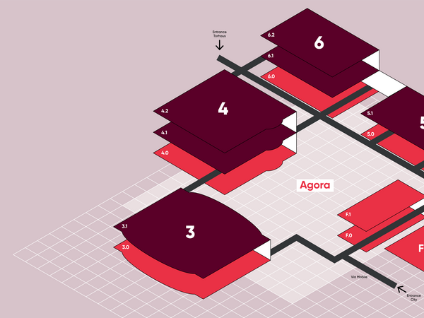 Illustration der Hallenebenen. Die oberen Hallenebenen sind dunkelrot gefärbt und stehen für B2B. Die unteren Hallenebenen sind hellrot gefärbt und stehen für B2C.