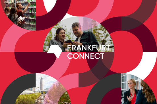 Illustration with Frankfurt Connect Logo and photos of people at the fair