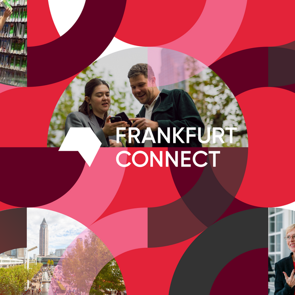 Grafik mit Frankfurt Connect Logo und Fotos von Menschen auf der Messe