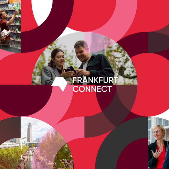 Grafik mit Frankfurt Connect Logo und Fotos von Menschen auf der Messe