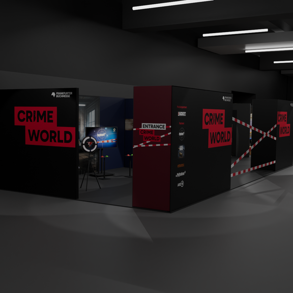 Mockup von einem Messestand, auf dem Crime World steht