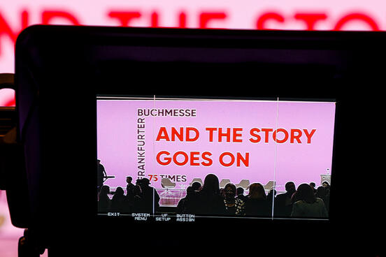 Foto von einem Kamerascreen, der eine Bühne filmt.