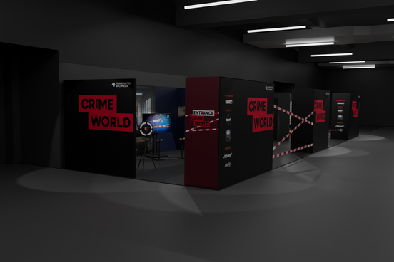 Mockup von einem Messestand, auf dem Crime World steht